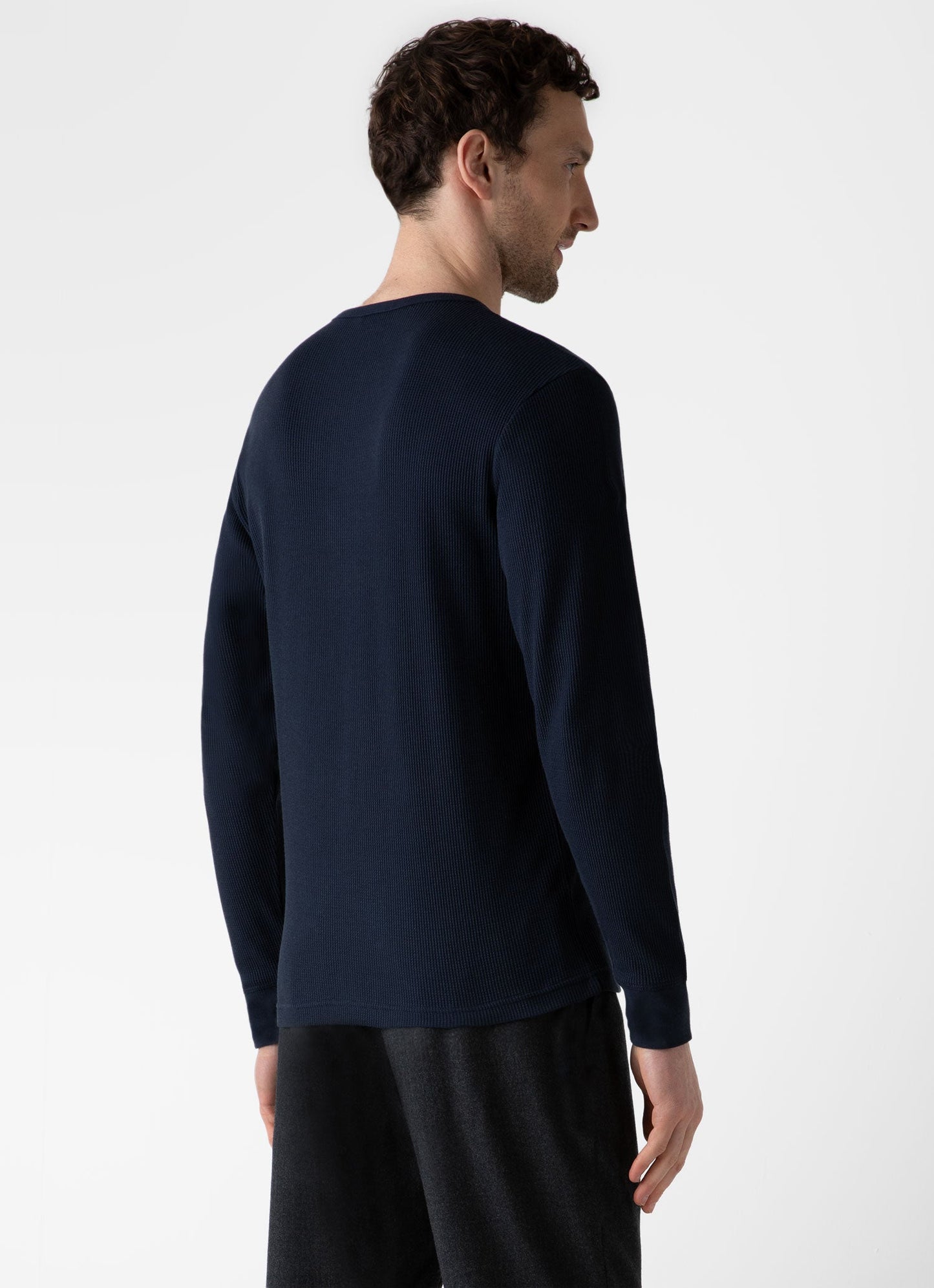 Mens Long Sleeve Waffle Henley In Navy Mtsh0162 Buaa