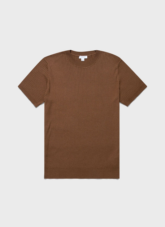 Mens Fine Rib Silk Cotton Tshirt In Dark Sand Mtsh8240 Brey