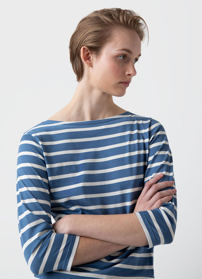 Womens 3 4 Sleeve Boat Neck T Shirt In Bluestone Ecru Breton Stripe Wtsh0003Brs Stkj