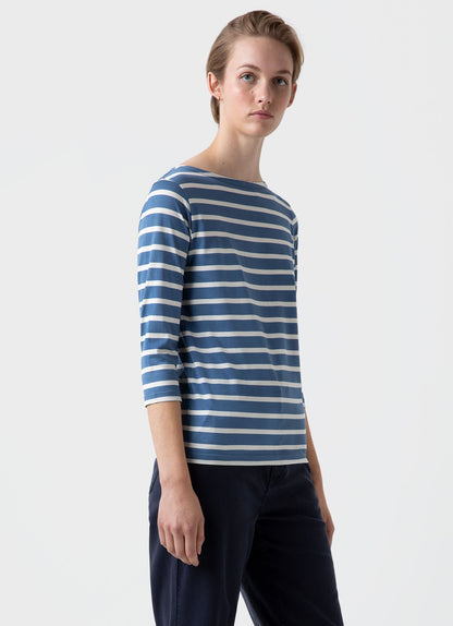 Womens 3 4 Sleeve Boat Neck T Shirt In Bluestone Ecru Breton Stripe Wtsh0003Brs Stkj