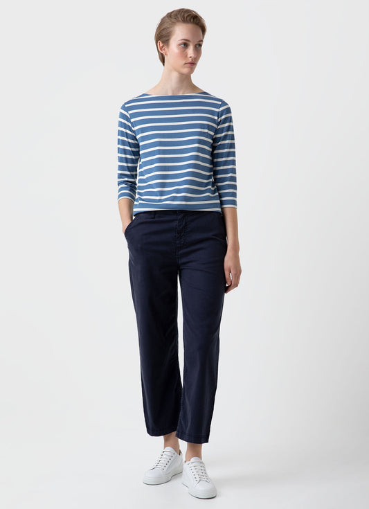 Womens 3 4 Sleeve Boat Neck T Shirt In Bluestone Ecru Breton Stripe Wtsh0003Brs Stkj